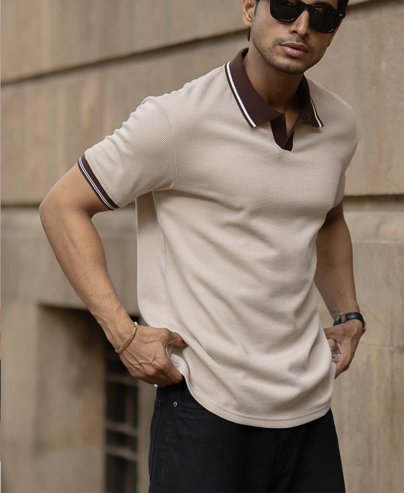 Beige Contrast Collar T-Shirt.