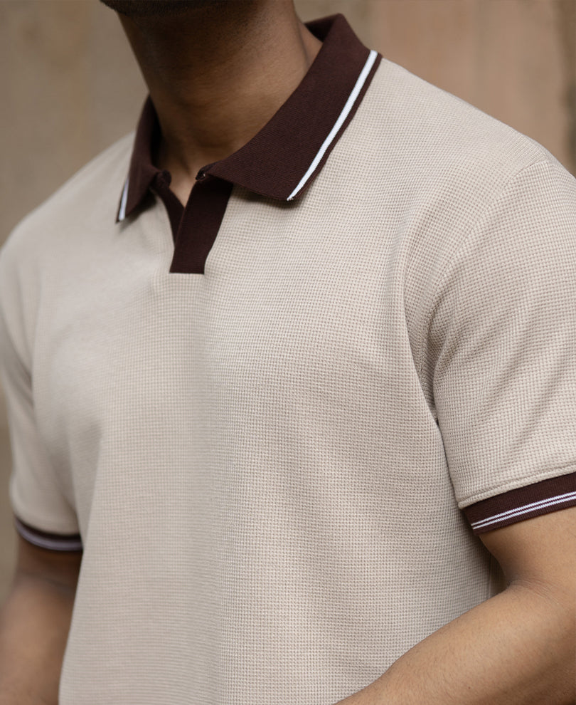 Beige Contrast Collar T-Shirt.
