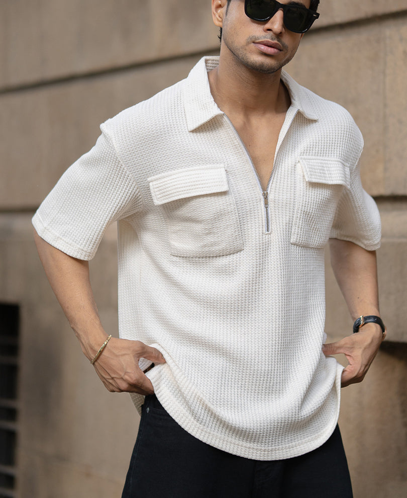 White Zipper Polo With Pockets.