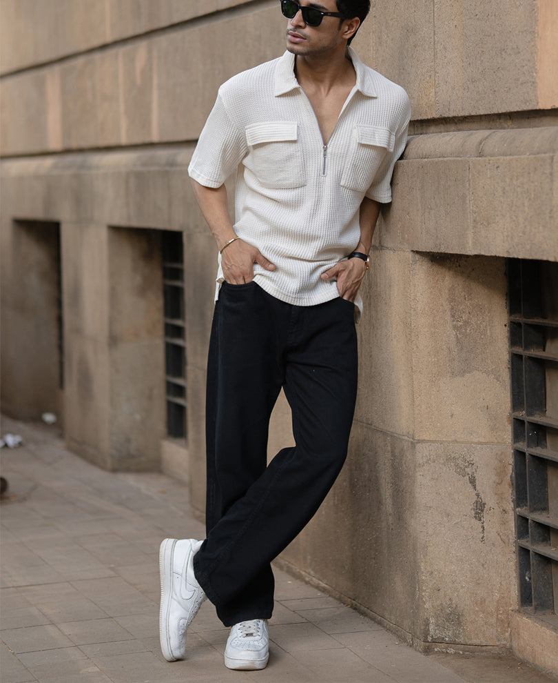 White Zipper Polo With Pockets.