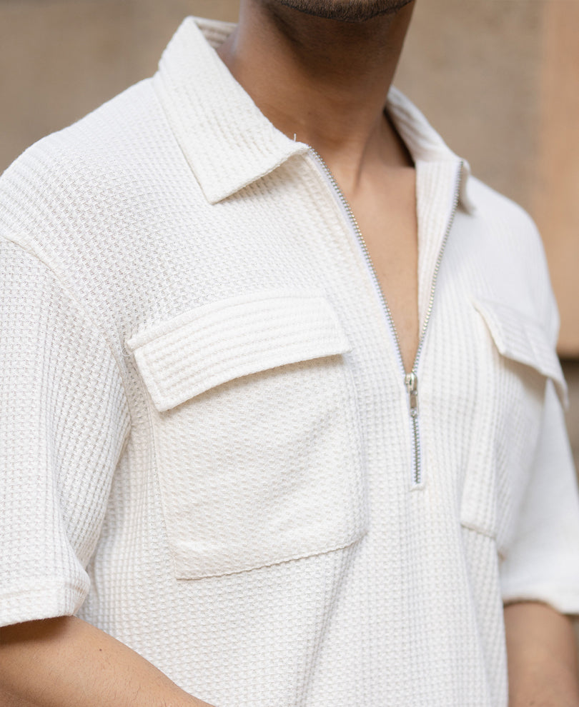 White Zipper Polo With Pockets.
