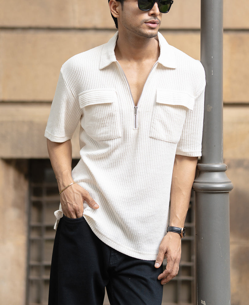 White Zipper Polo With Pockets.