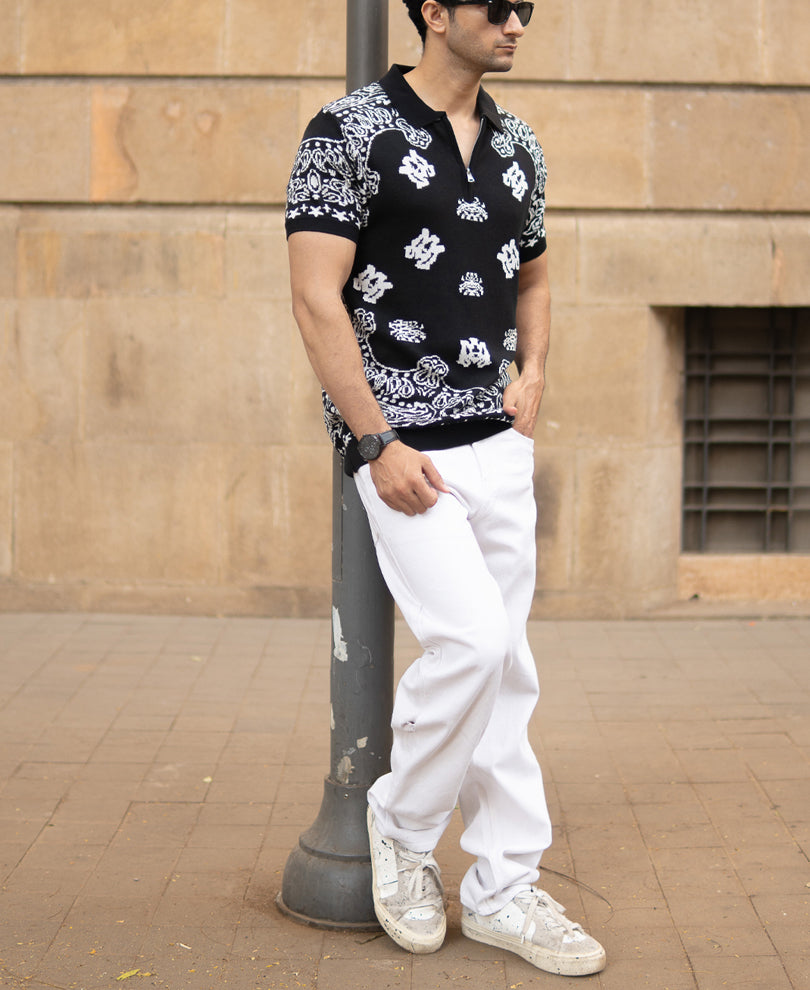 Black Bandana Knit Polo T-Shirt.