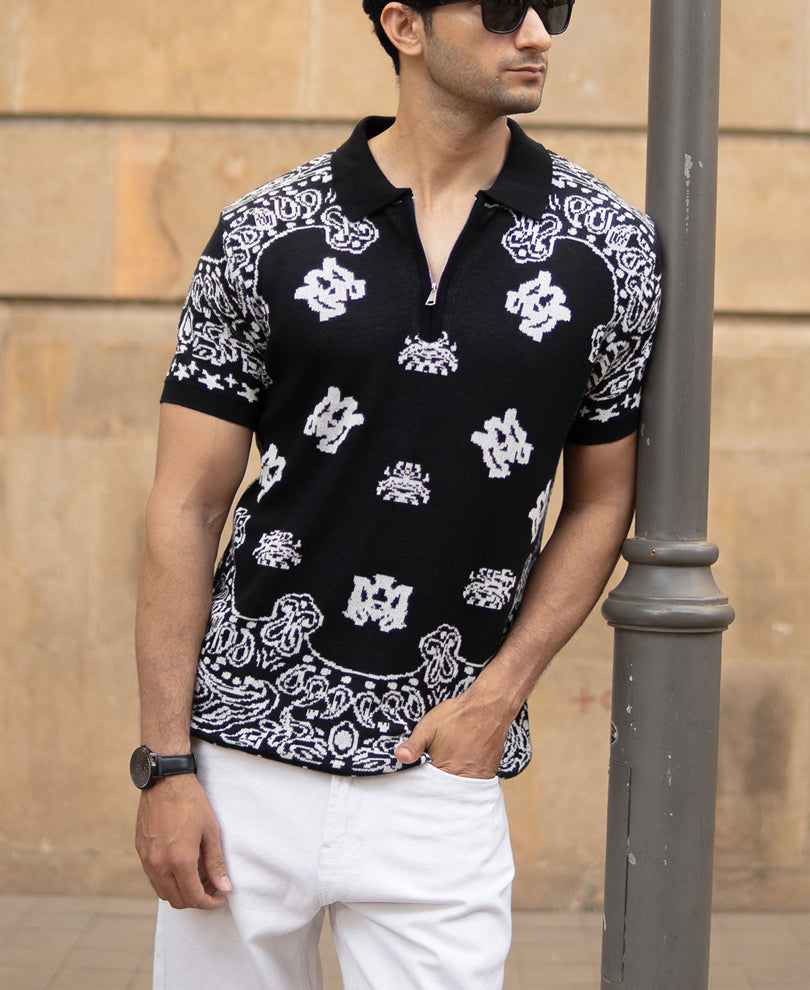 Black Bandana Knit Polo T-Shirt.