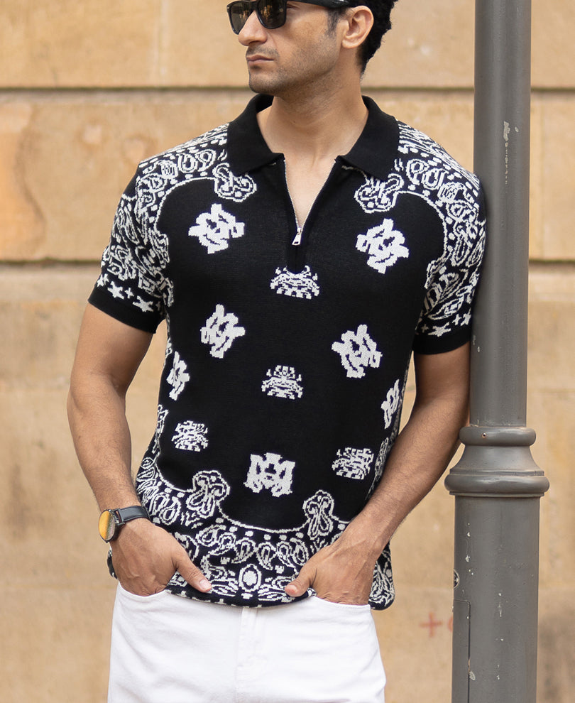 Black Bandana Knit Polo T-Shirt.
