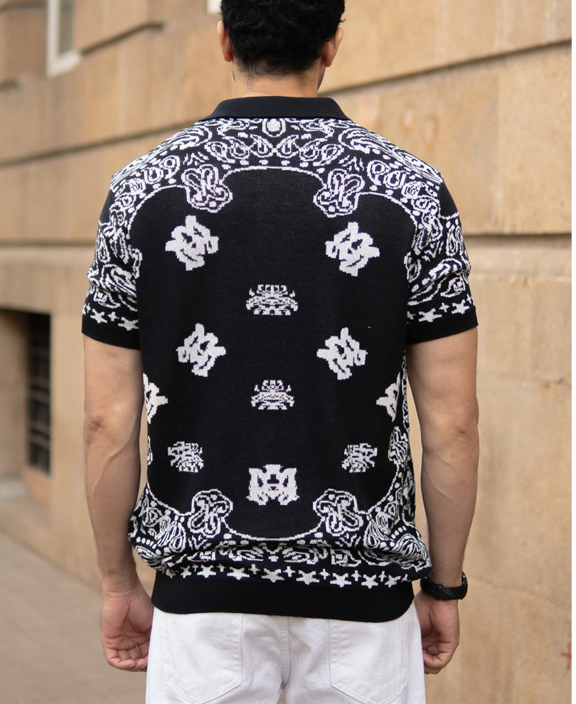 Black Bandana Knit Polo T-Shirt.