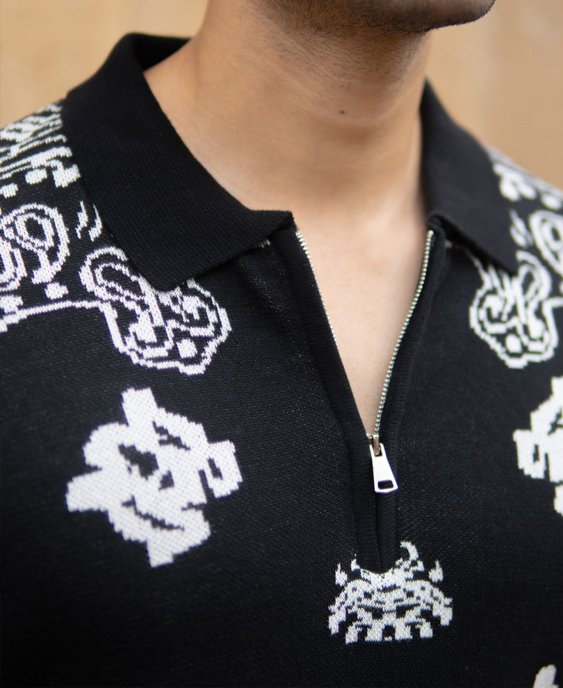 Black Bandana Knit Polo T-Shirt.