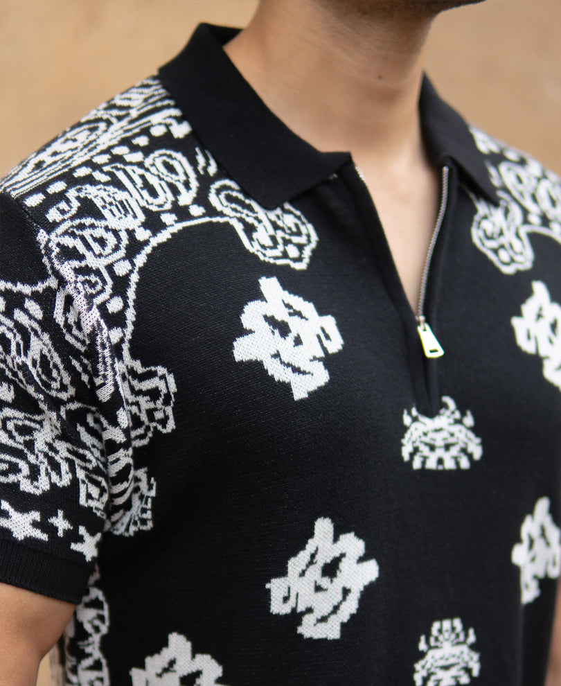 Black Bandana Knit Polo T-Shirt.