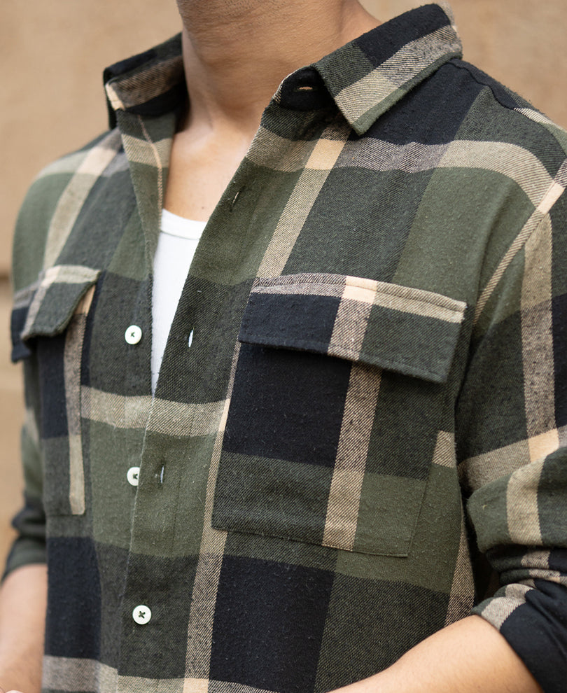 Olive Brushed Checks Shirt.