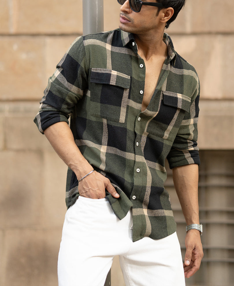Olive Brushed Checks Shirt.