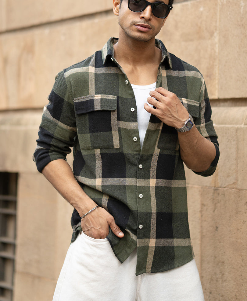 Olive Brushed Checks Shirt.