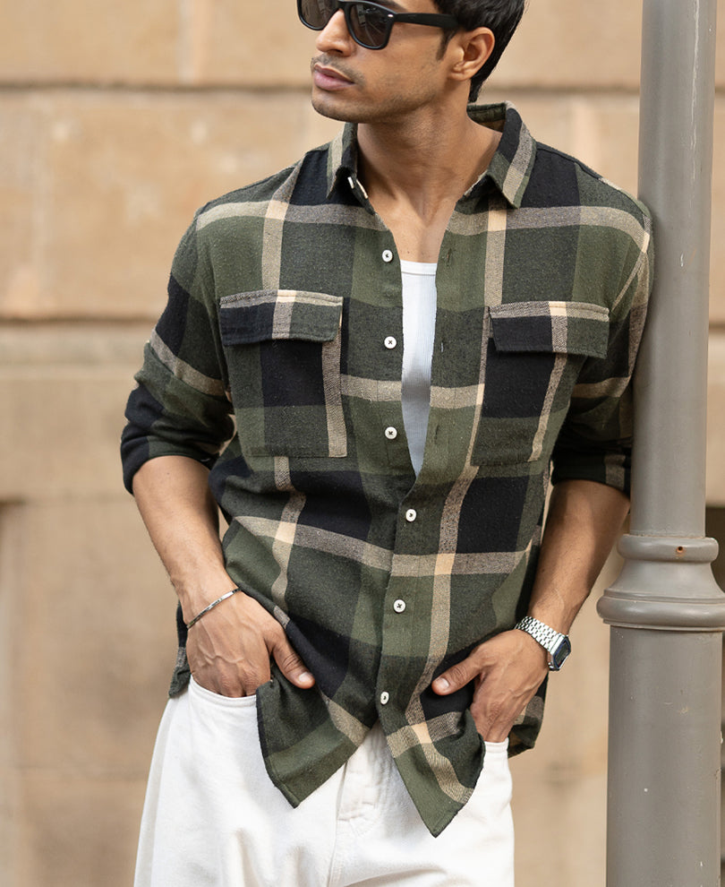 Olive Brushed Checks Shirt.