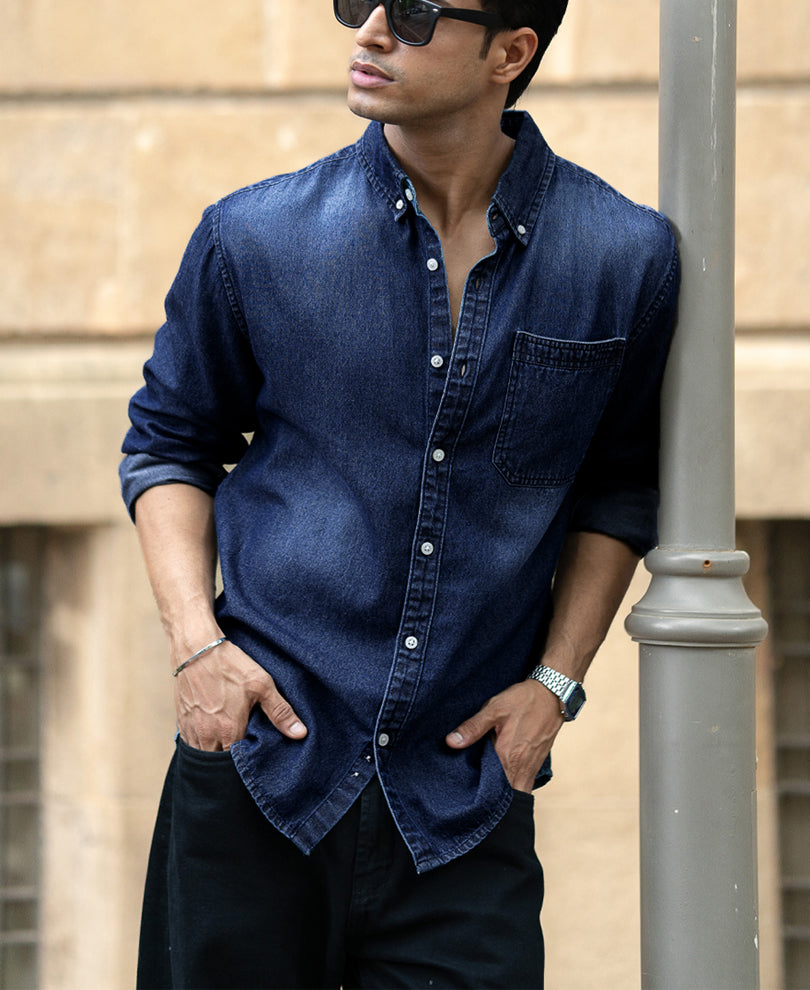 Dark Blue Washed Denim Shirt.