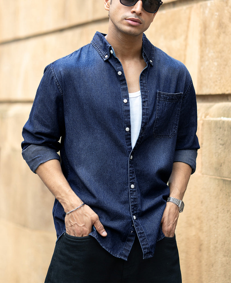 Dark Blue Washed Denim Shirt.