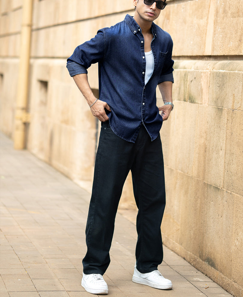 Dark Blue Washed Denim Shirt.