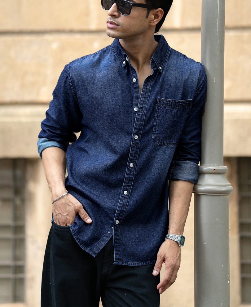 Dark Blue Washed Denim Shirt.