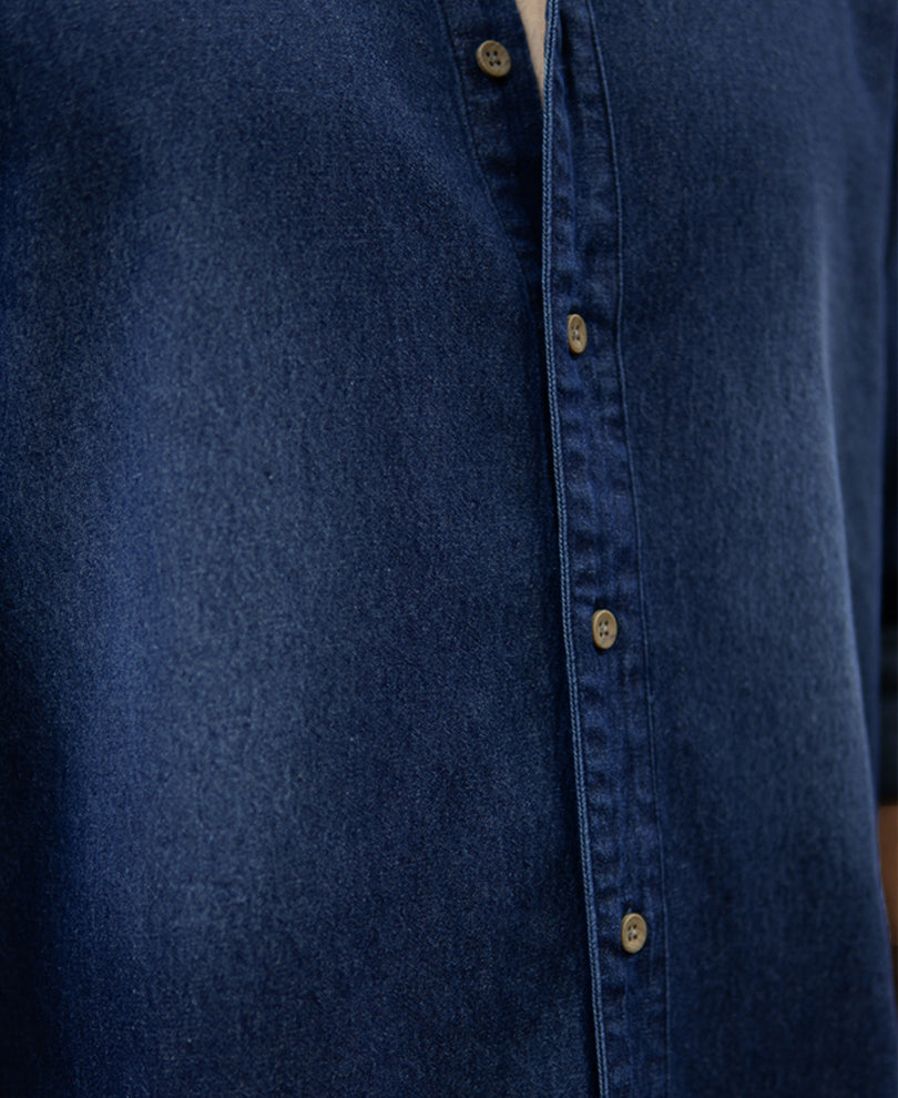 Mandarin Collar Denim Shirt.