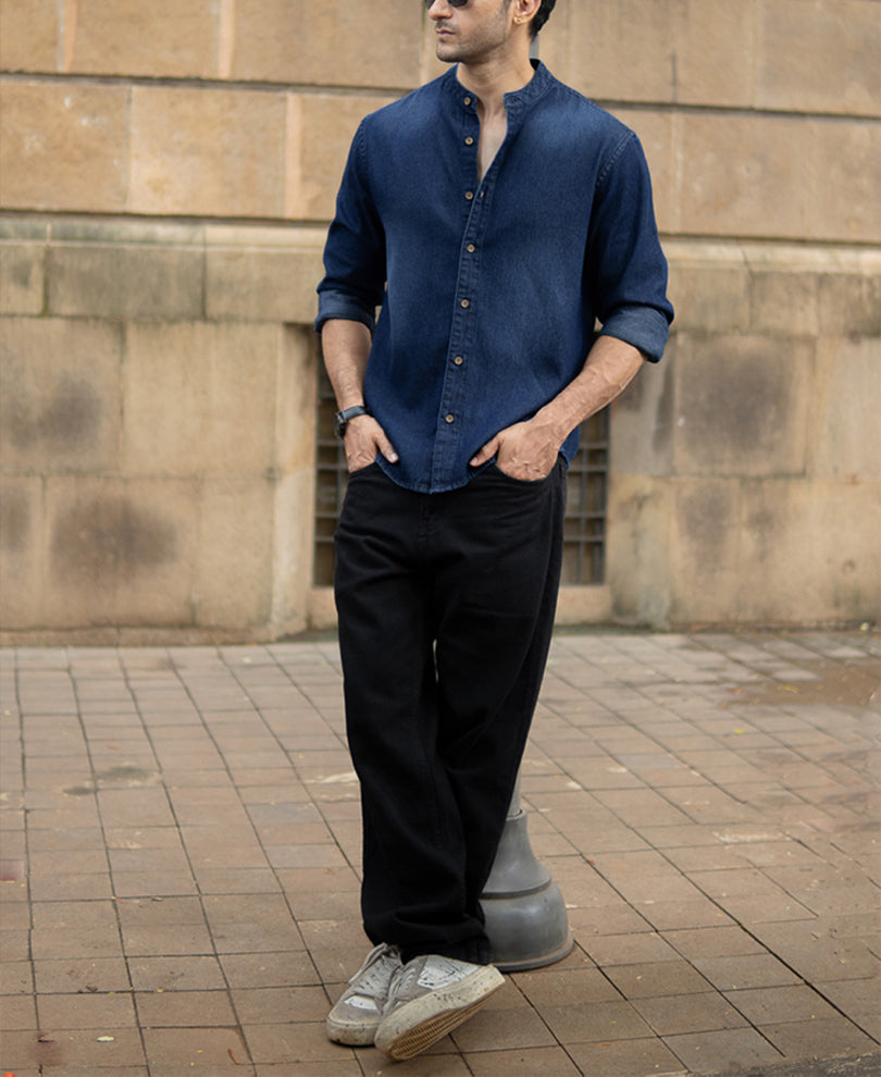Mandarin Collar Denim Shirt.