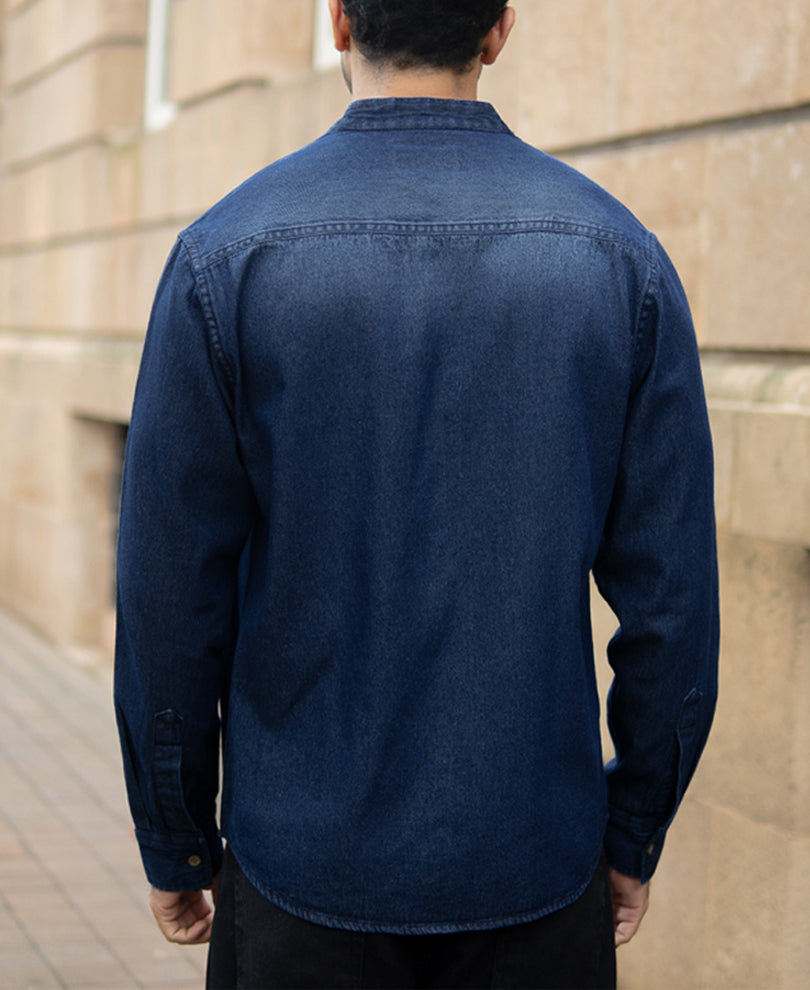 Mandarin Collar Denim Shirt.