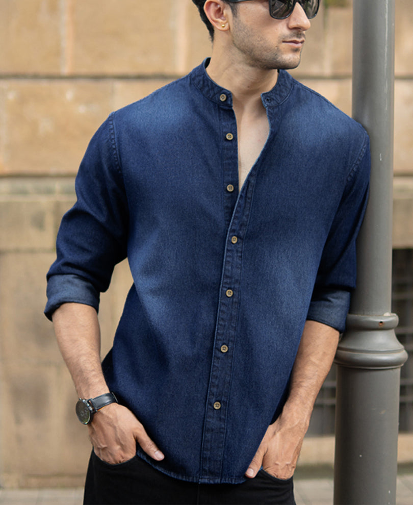 Mandarin Collar Denim Shirt.