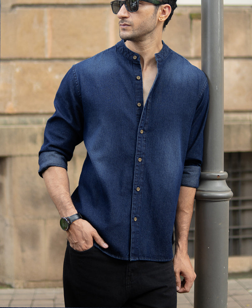 Mandarin Collar Denim Shirt.