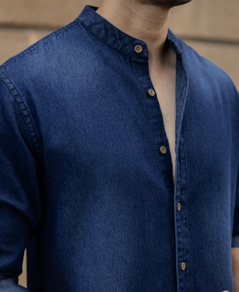 Mandarin Collar Denim Shirt.