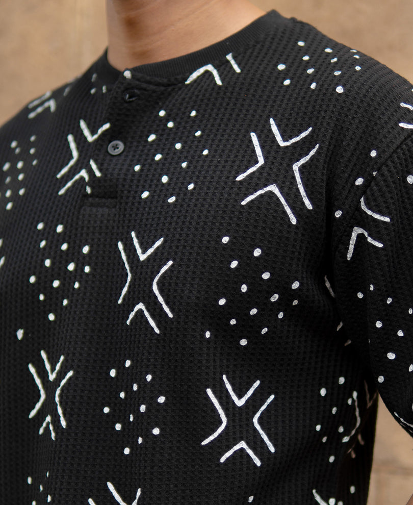 Black Structured Printed Henley T-Shirt.