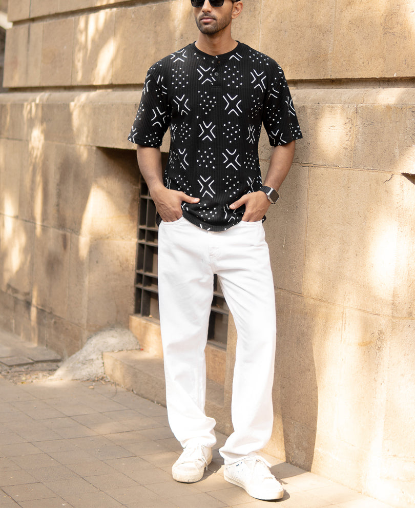 Black Structured Printed Henley T-Shirt.
