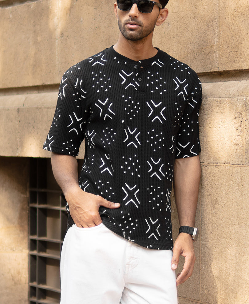 Black Structured Printed Henley T-Shirt.