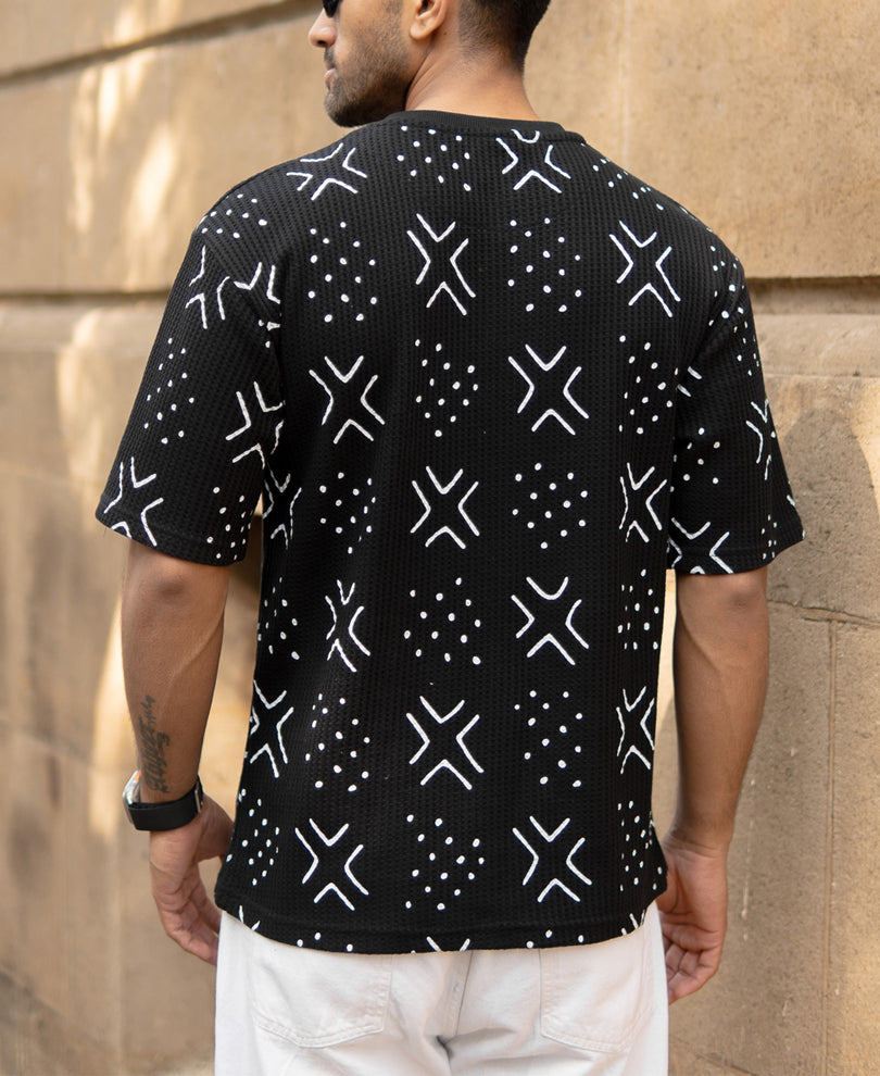 Black Structured Printed Henley T-Shirt.