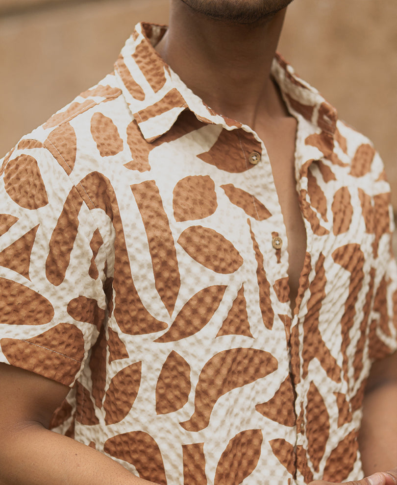 Dark Tan Printed Structured Shirt.