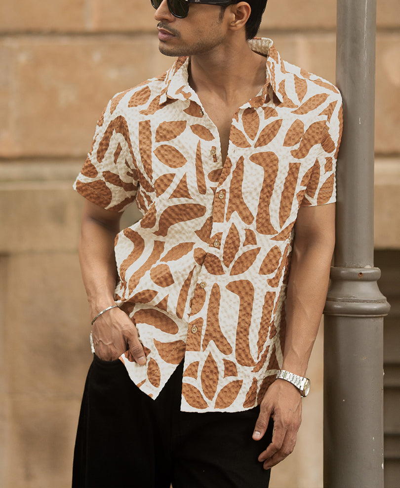 Dark Tan Printed Structured Shirt.