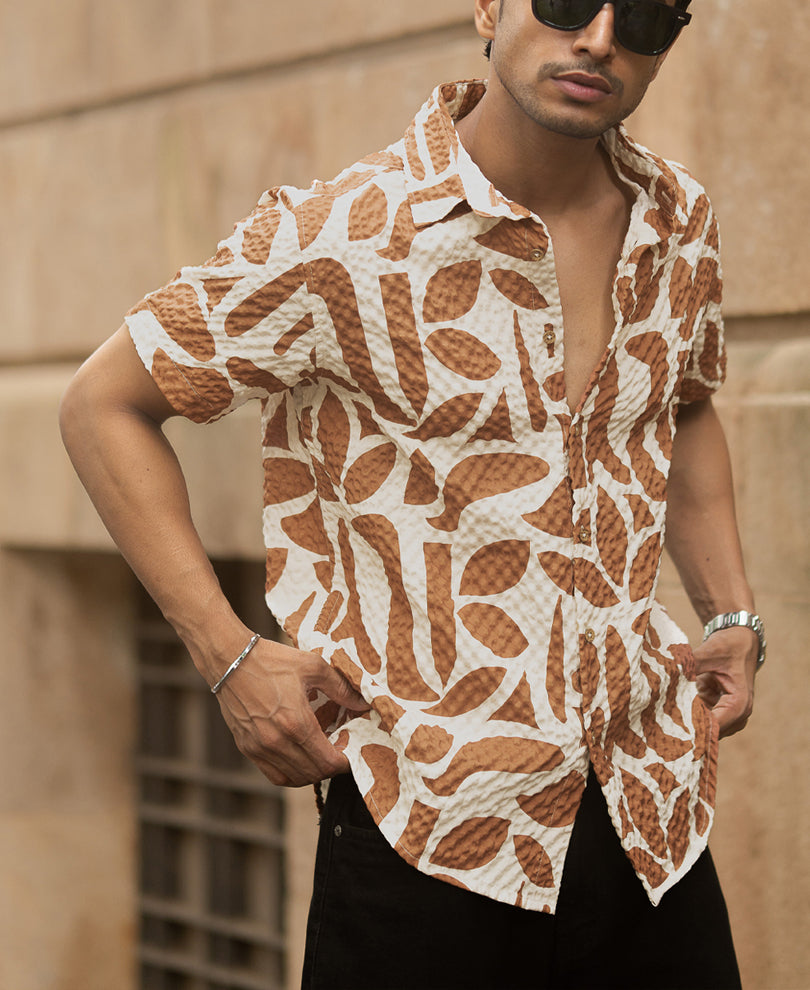 Dark Tan Printed Structured Shirt.