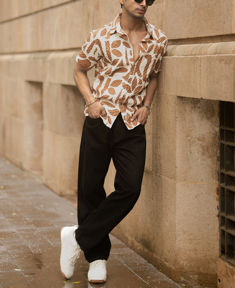 Dark Tan Printed Structured Shirt.