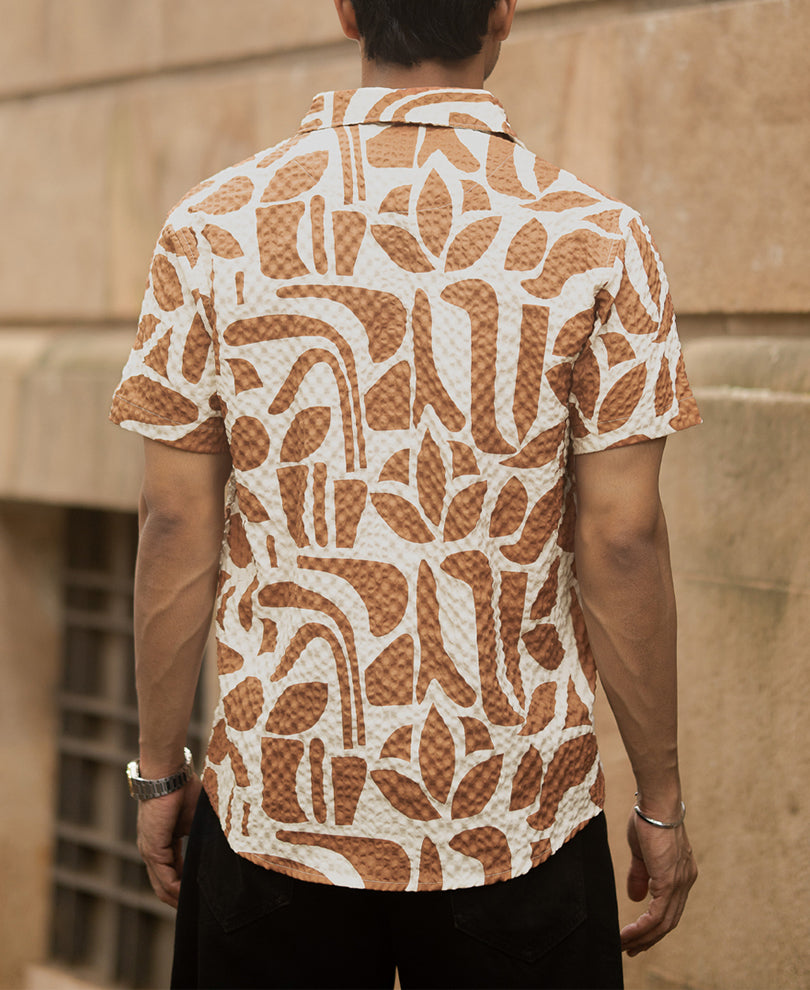 Dark Tan Printed Structured Shirt.