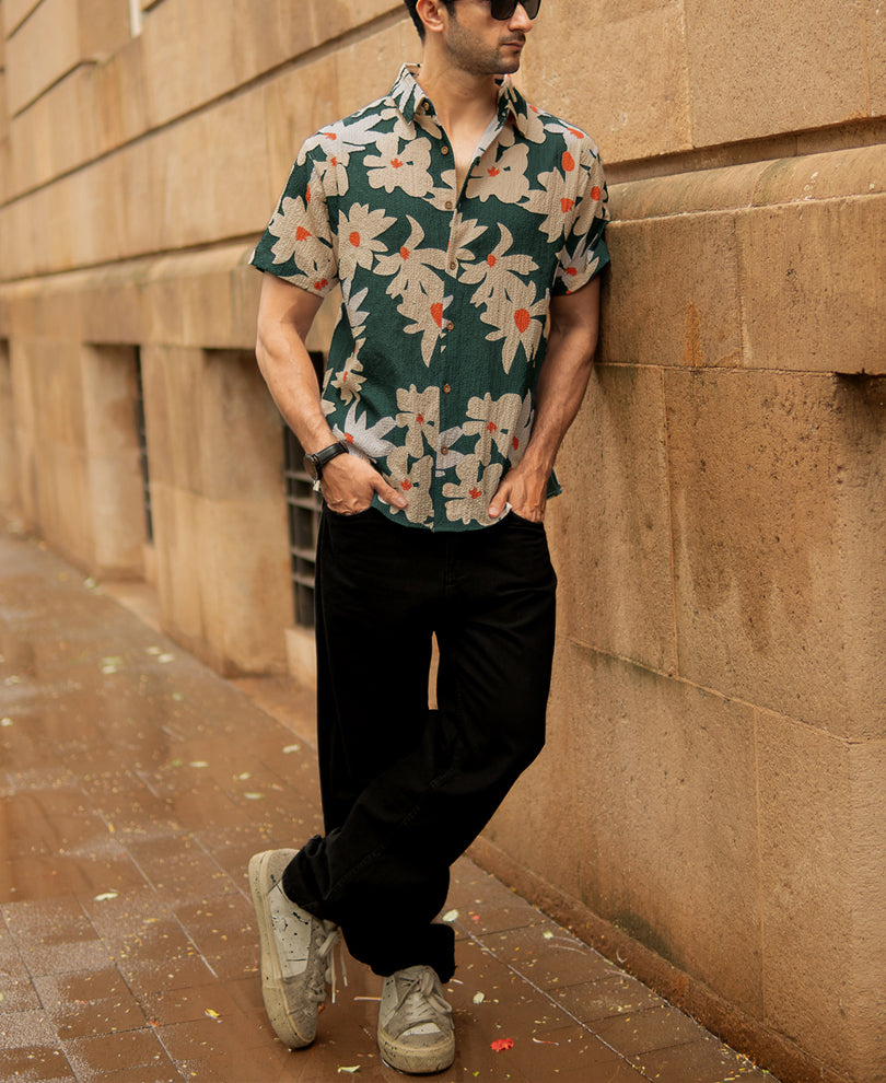 Green Floral Structured Shirt.