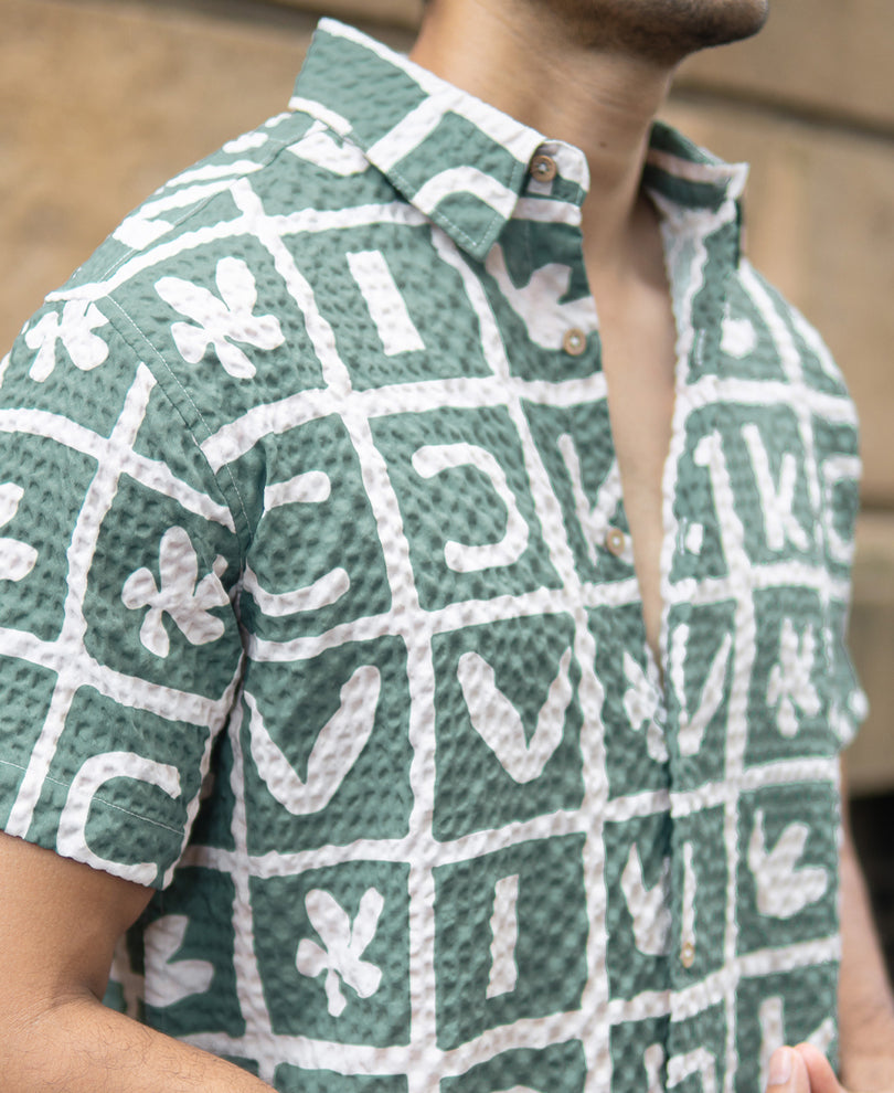 Green Printed Structured Shirt.
