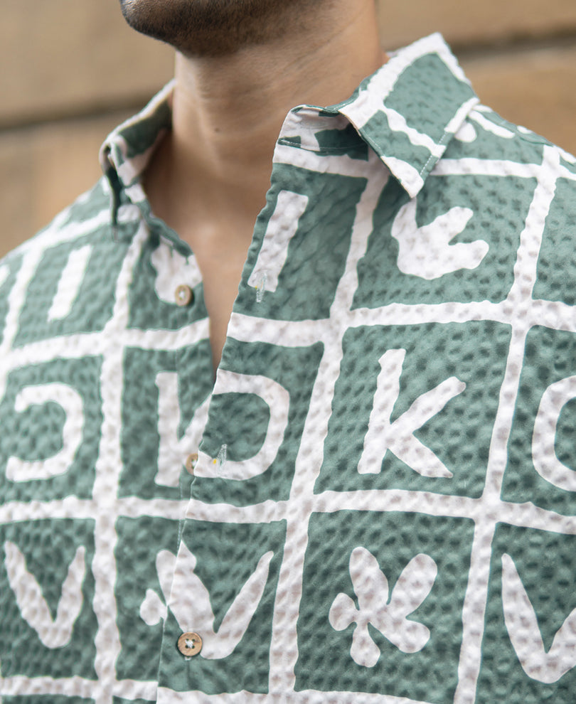 Green Printed Structured Shirt.