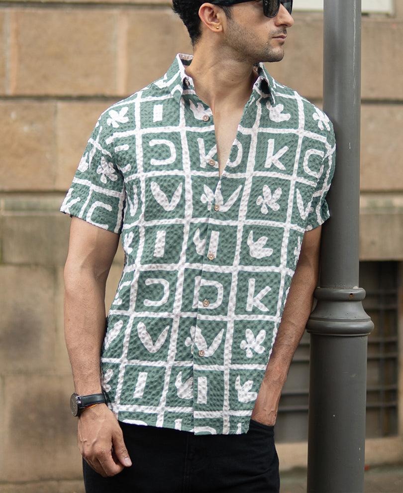 Green Printed Structured Shirt.