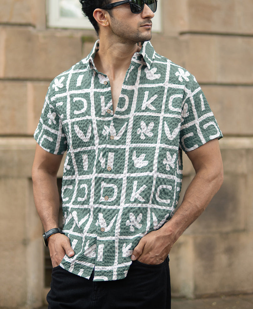 Green Printed Structured Shirt.