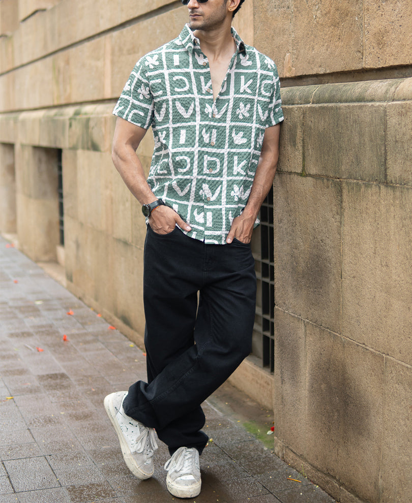 Green Printed Structured Shirt.