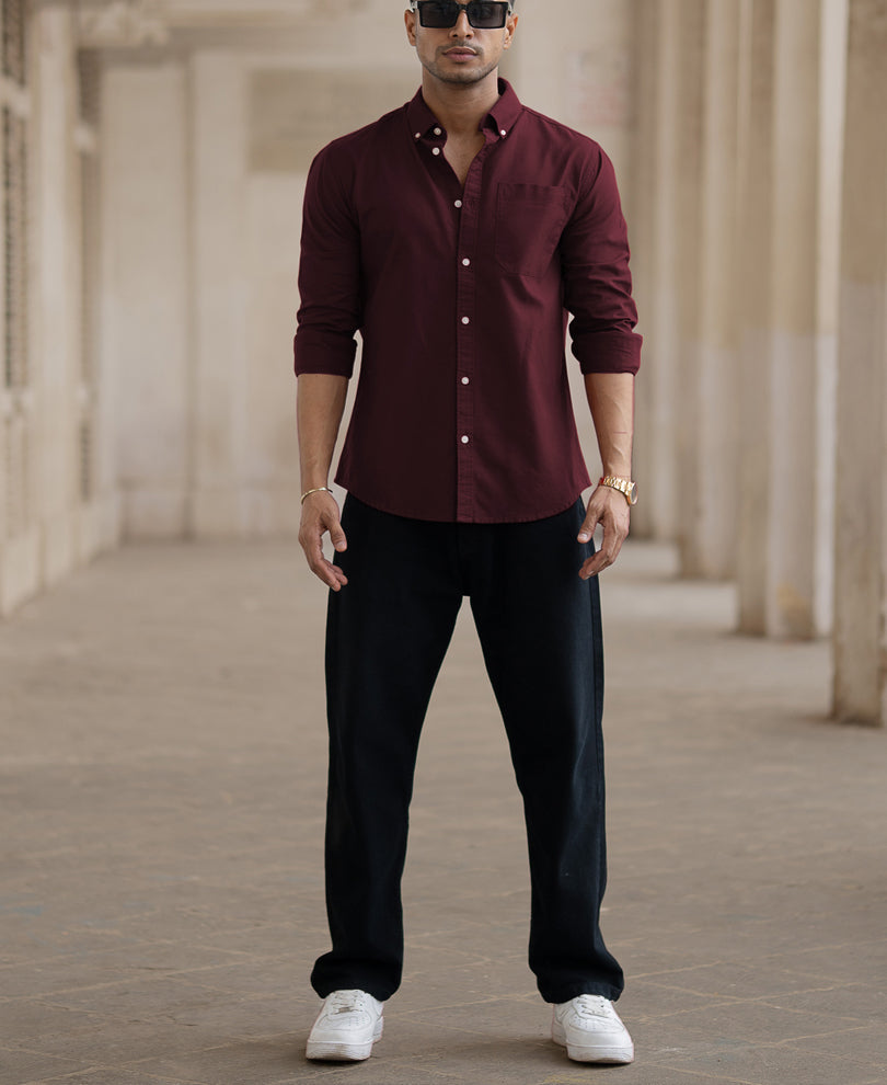 Wine Cotton Oxford Shirt.