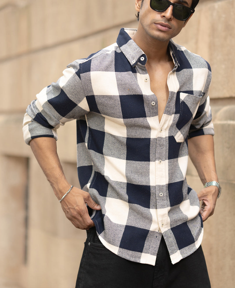 Navy Checks Shirt With Pocket.
