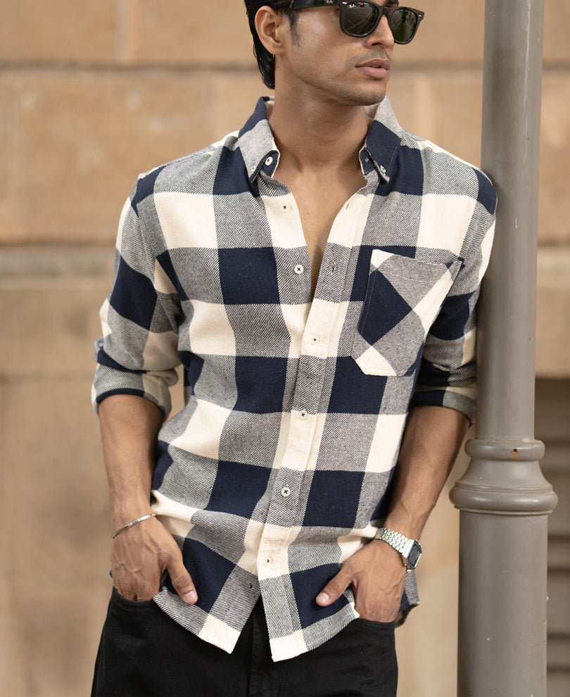 Navy Checks Shirt With Pocket.