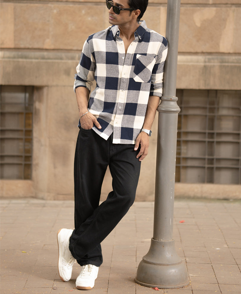 Navy Checks Shirt With Pocket.