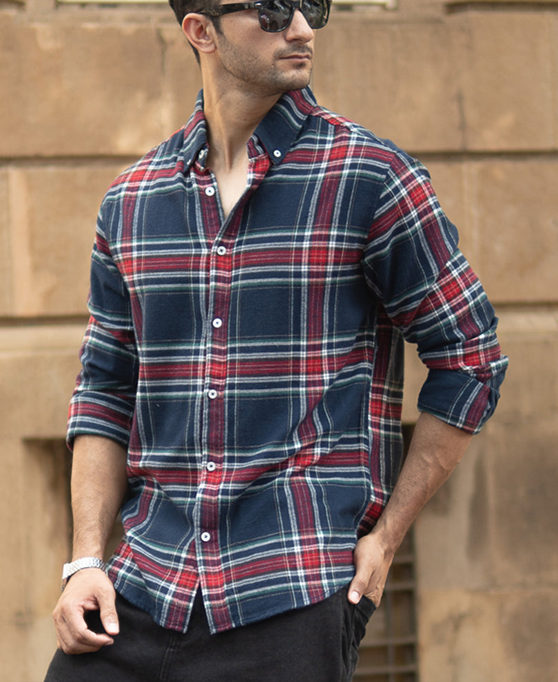 Navy Flannel Checked Shirt.