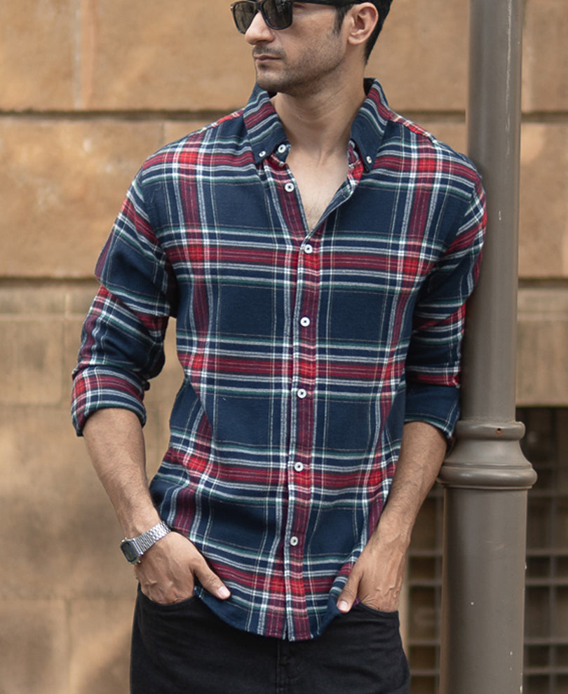 Navy Flannel Checked Shirt.