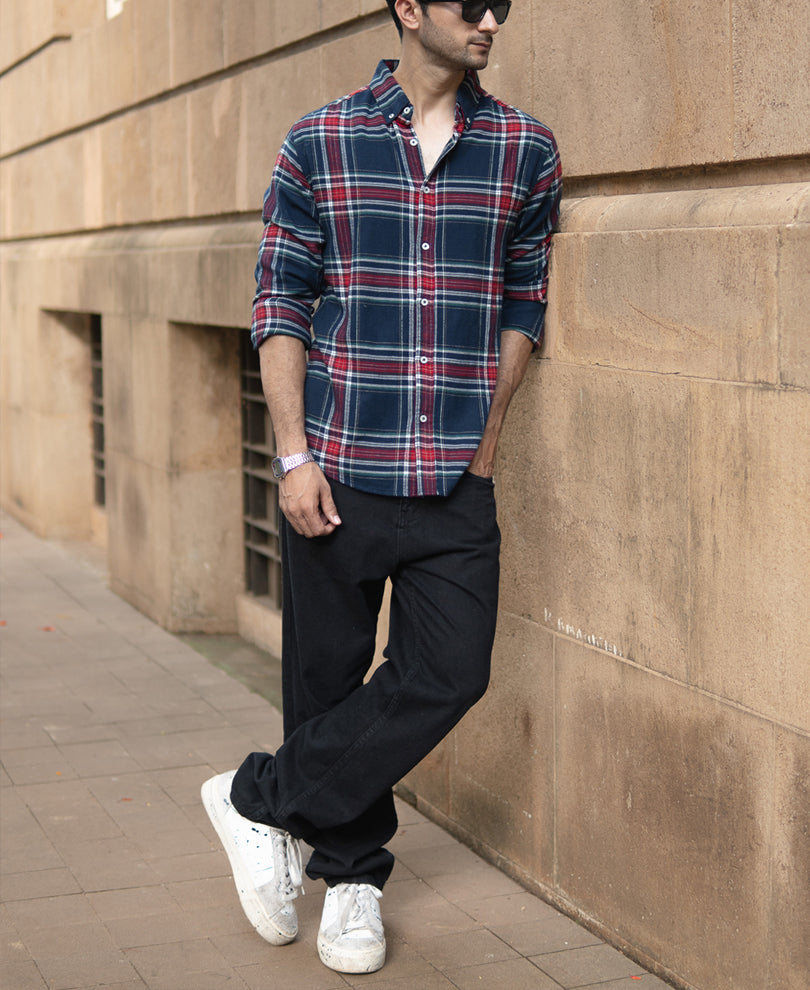 Navy Flannel Checked Shirt.