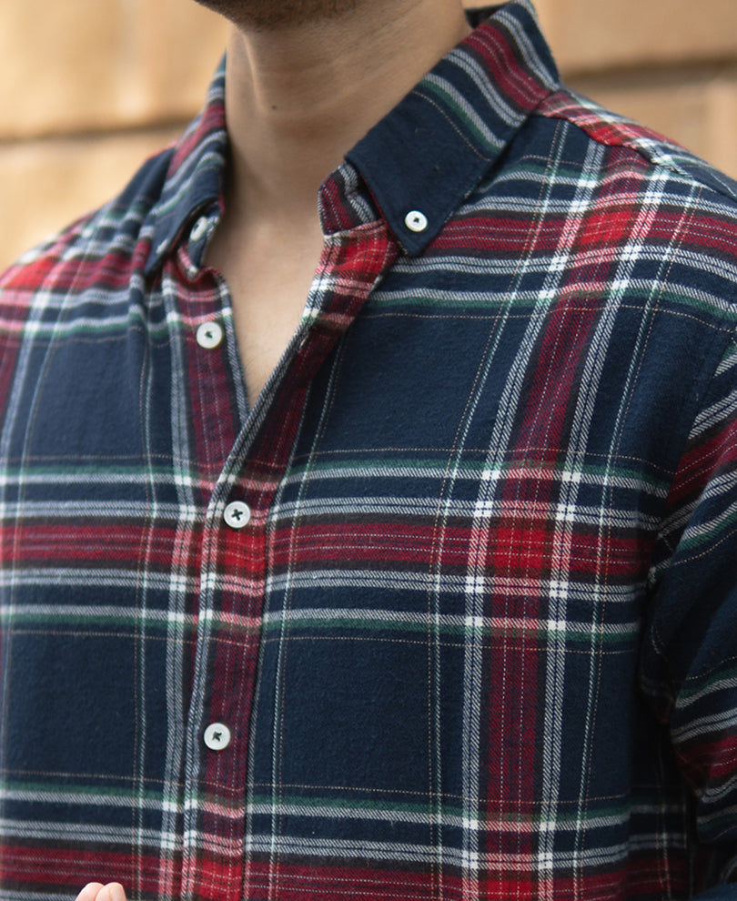 Navy Flannel Checked Shirt.