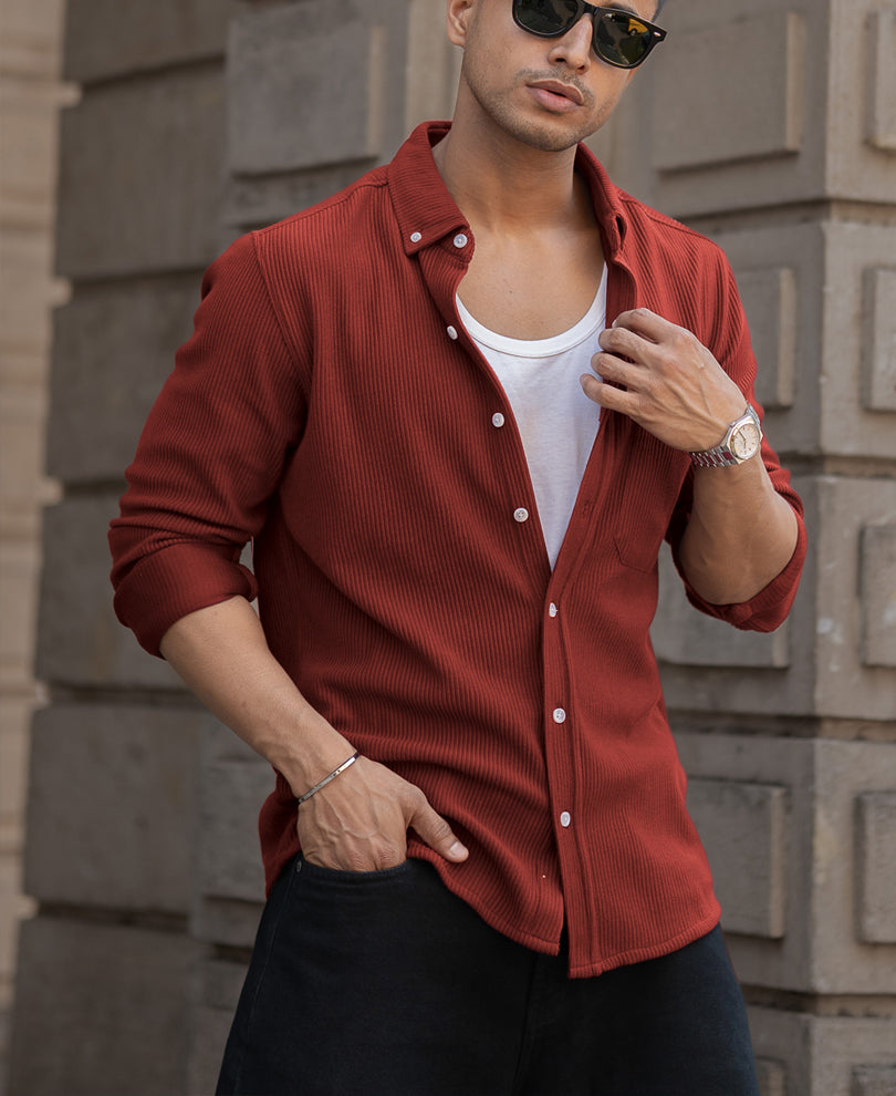 Brick Red Structured Knit Shirt.